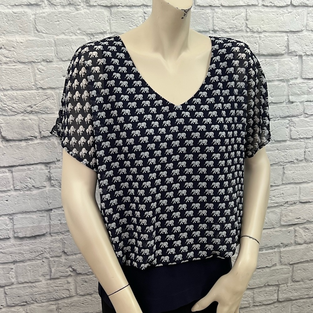 CABI BLUE & GRAY ELEPHANT PRINT TOP